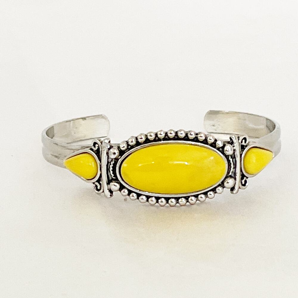 Paparazzi Tribal Trinket Bangle Bracelet Yellow Stones Bead Studded Silver Cuff - Picture 4 of 9